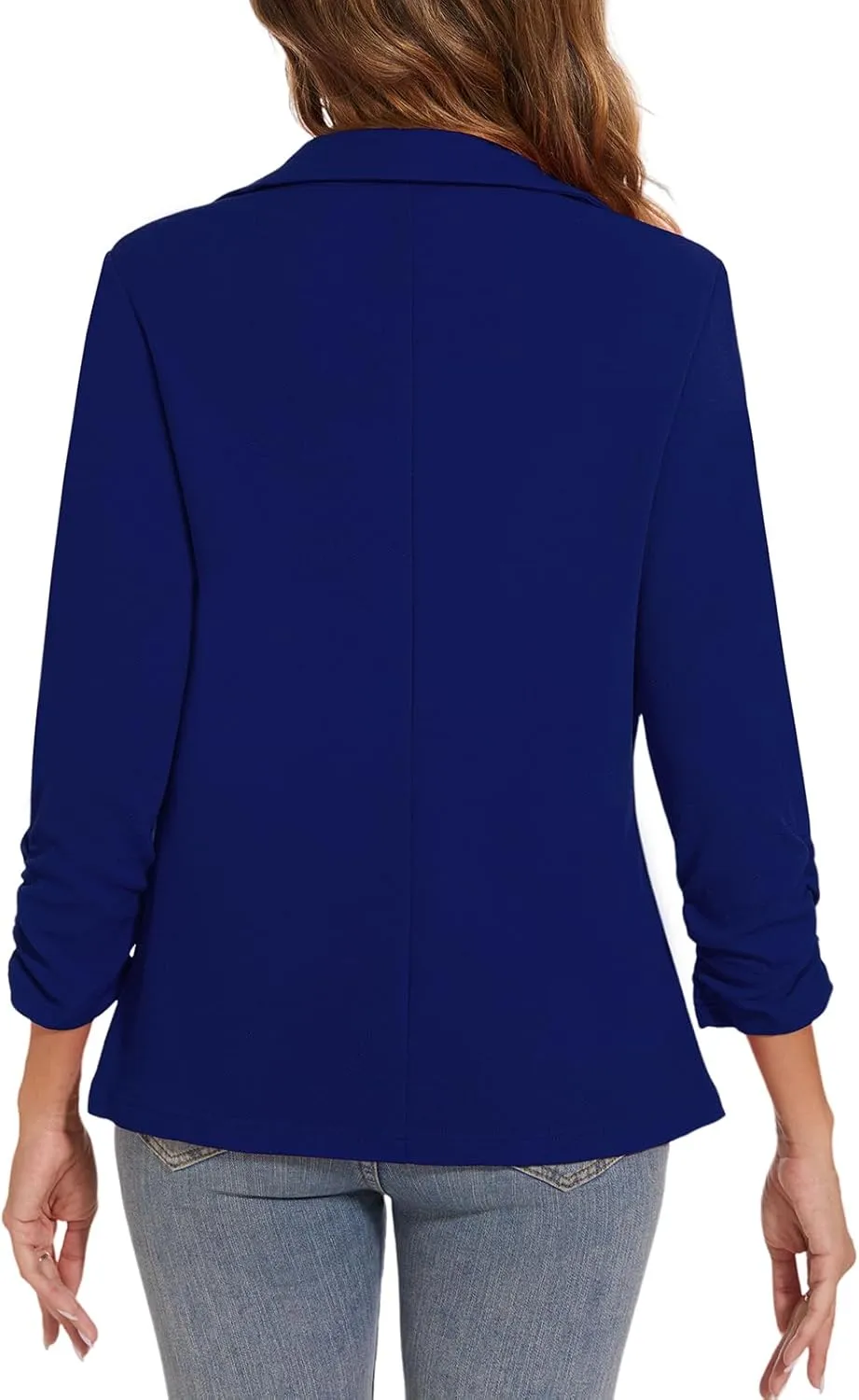 Women's Casual Button Front Blazer Jackets Ruched 3/4 Sleeve Lapel Office Work Lightweight Blazers with Pockets