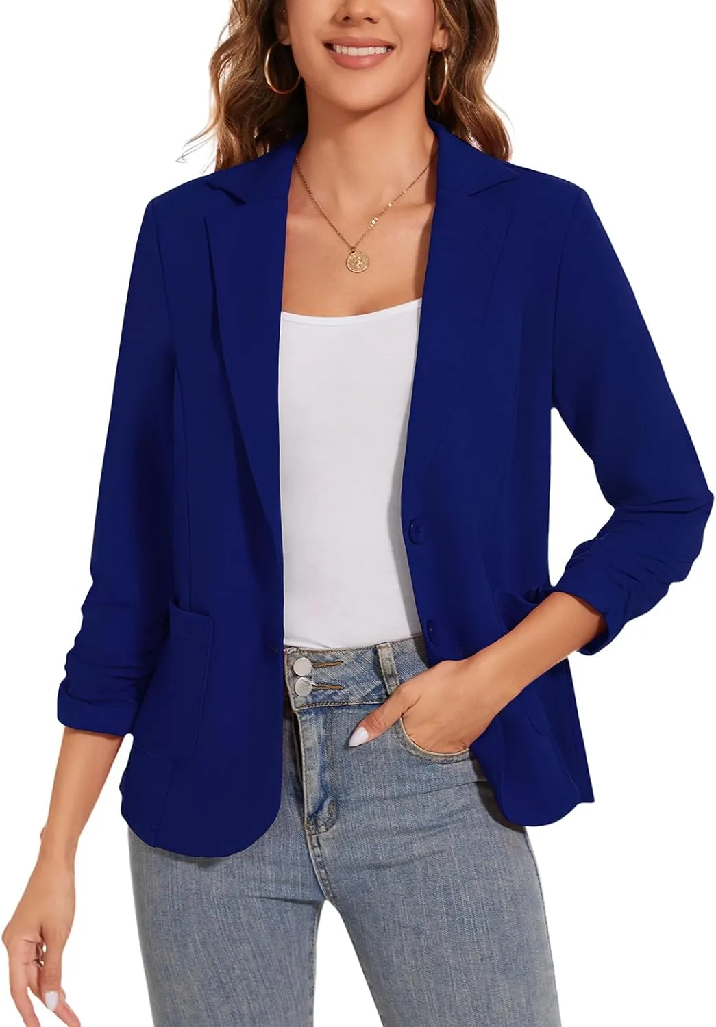 Women's Casual Button Front Blazer Jackets Ruched 3/4 Sleeve Lapel Office Work Lightweight Blazers with Pockets