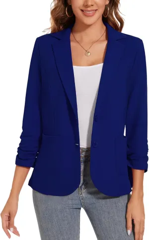 Women's Casual Button Front Blazer Jackets Ruched 3/4 Sleeve Lapel Office Work Lightweight Blazers with Pockets