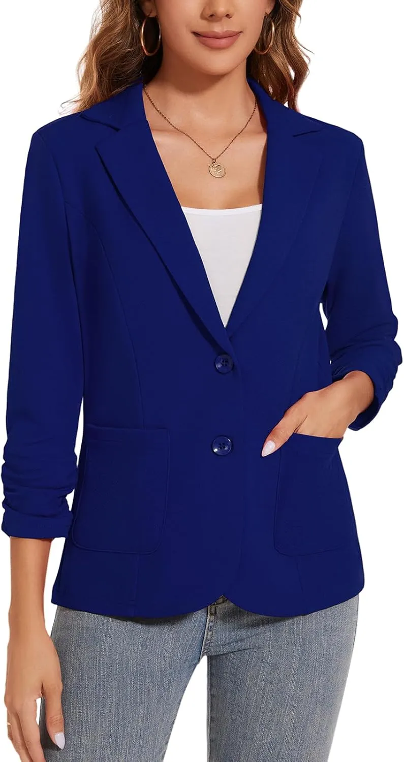 Women's Casual Button Front Blazer Jackets Ruched 3/4 Sleeve Lapel Office Work Lightweight Blazers with Pockets
