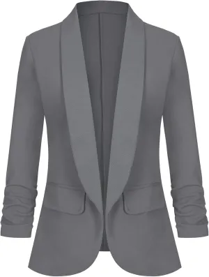 Women's Casual Open Front Blazers Shawl Lapel Ruched 3/4 Sleeve Office Lightweight Blazer Jackets with Pockets