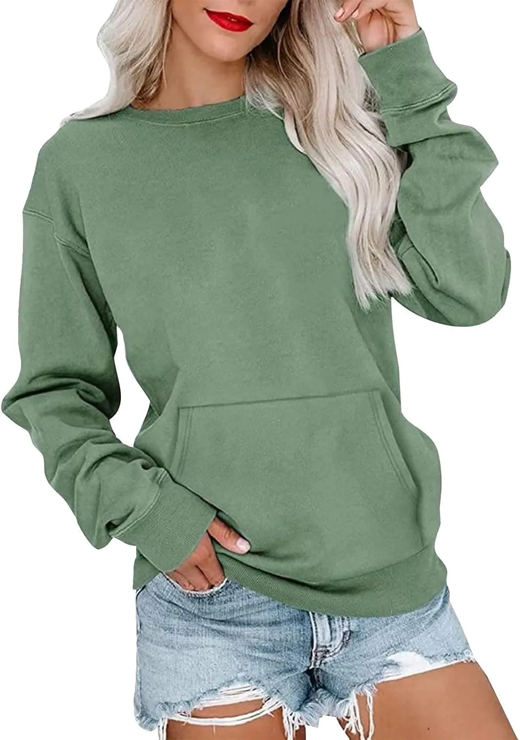 Womens Crewneck Sweatshirt Fleece Long Sleeve Cute Sweatshirts No Hooded Y2k Plain Trendy Hoodies with Pockets