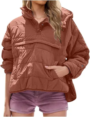 Womens Down Pullover Jacket Oversized Hoodies, Lightweight Winter Warm Pullover Outwear Down Pullover with Pockets