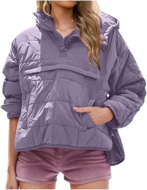 Womens Down Pullover Jacket Oversized Hoodies, Lightweight Winter Warm Pullover Outwear Down Pullover with Pockets