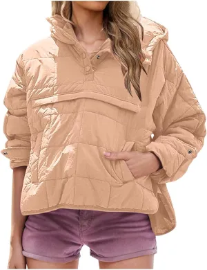 Womens Down Pullover Jacket Oversized Hoodies, Lightweight Winter Warm Pullover Outwear Down Pullover with Pockets