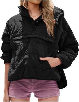 Womens Down Pullover Jacket Oversized Hoodies, Lightweight Winter Warm Pullover Outwear Down Pullover with Pockets
