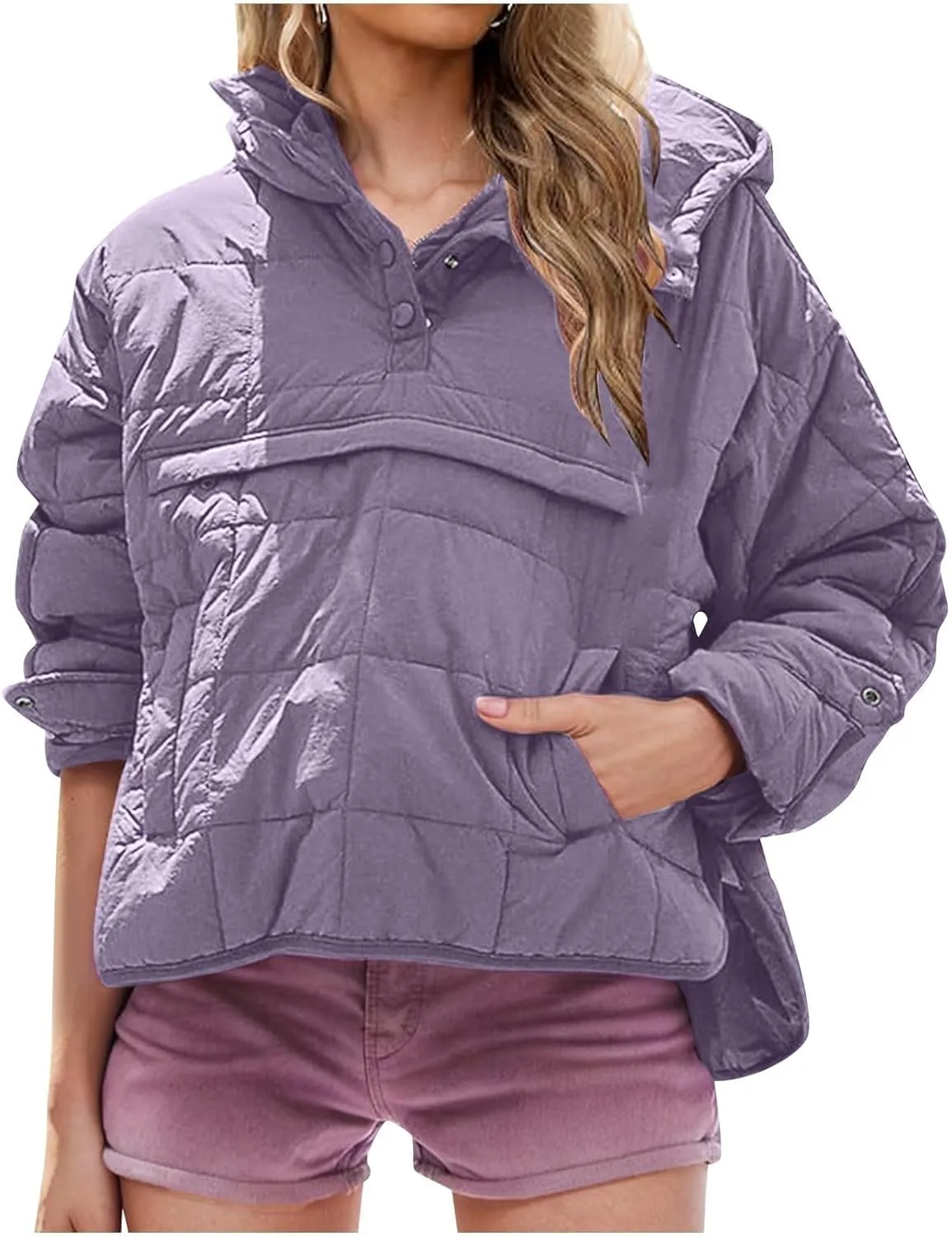Womens Down Pullover Jacket Oversized Hoodies, Lightweight Winter Warm Pullover Outwear Down Pullover with Pockets