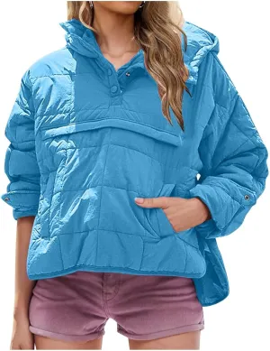 Womens Down Pullover Jacket Oversized Hoodies, Lightweight Winter Warm Pullover Outwear Down Pullover with Pockets