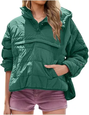Womens Down Pullover Jacket Oversized Hoodies, Lightweight Winter Warm Pullover Outwear Down Pullover with Pockets