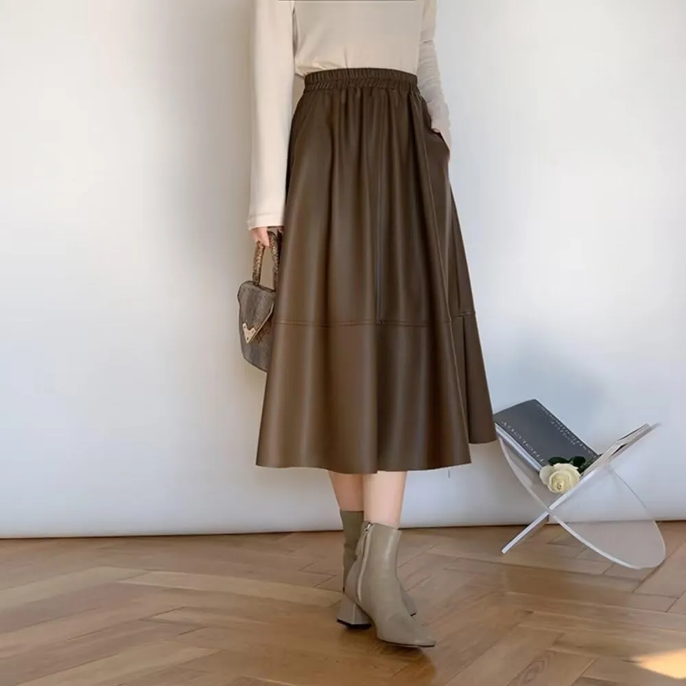 Women's Faux Leather Skirt Retro High Waisted Pleated Long A-line Midi Skirt with Pockets