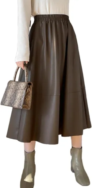 Women's Faux Leather Skirt Retro High Waisted Pleated Long A-line Midi Skirt with Pockets