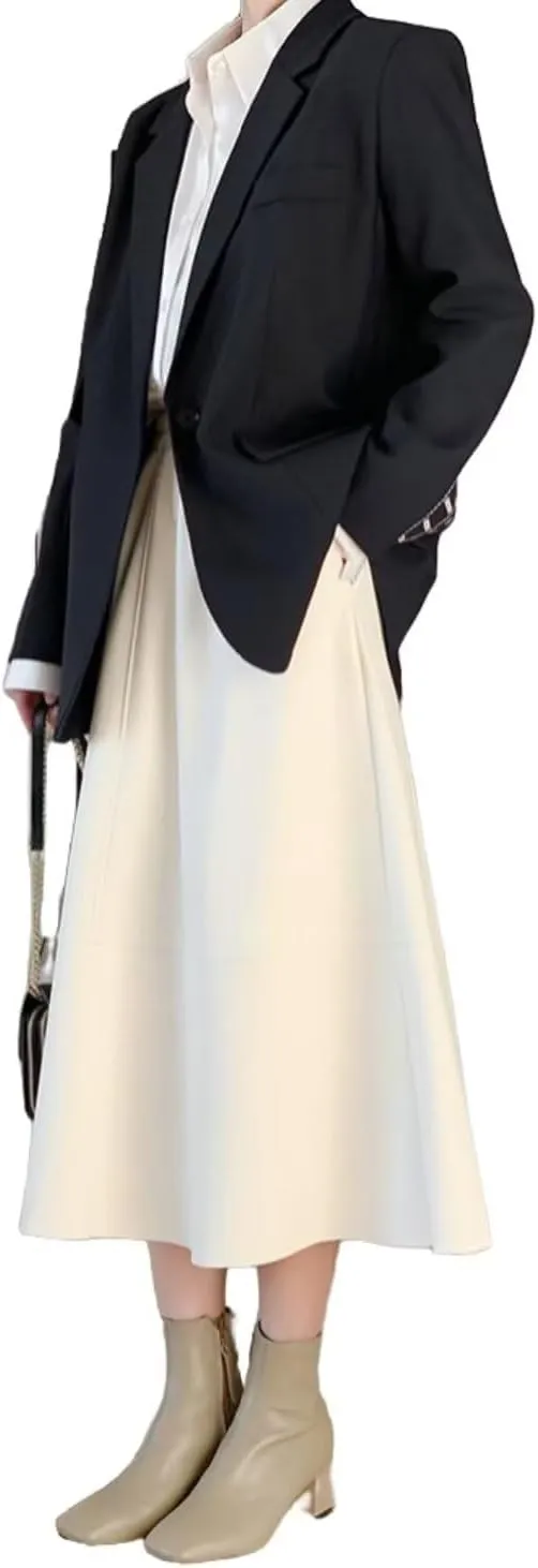 Women's Faux Leather Skirt Retro High Waisted Pleated Long A-line Midi Skirt with Pockets