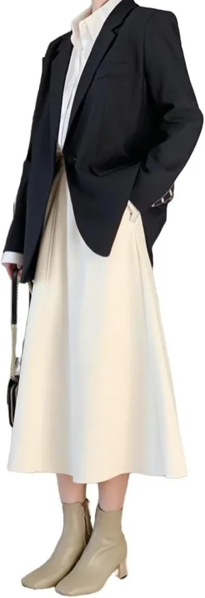 Women's Faux Leather Skirt Retro High Waisted Pleated Long A-line Midi Skirt with Pockets