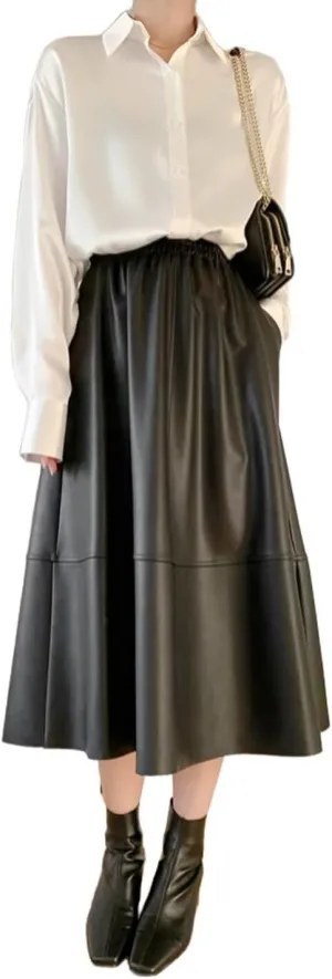 Women's Faux Leather Skirt Retro High Waisted Pleated Long A-line Midi Skirt with Pockets
