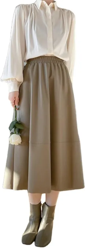 Women's Faux Leather Skirt Retro High Waisted Pleated Long A-line Midi Skirt with Pockets