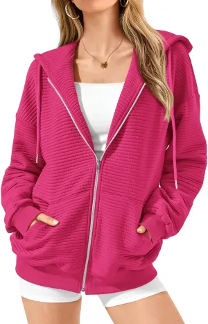 Women's Full Zip Up Hoodie Fall Outfits 2024 Oversized Hoodies Womens Waffle Knit Jacket with Pocket