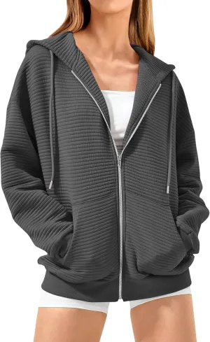 Womens Full Zip Up Hoodie Loose Fit Hooded Oversized Sweatshirt Casual Fall Long Sleeve Quilted Jackets with Pockets