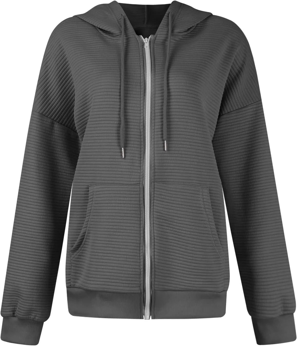 Womens Full Zip Up Hoodie Loose Fit Hooded Oversized Sweatshirt Casual Fall Long Sleeve Quilted Jackets with Pockets