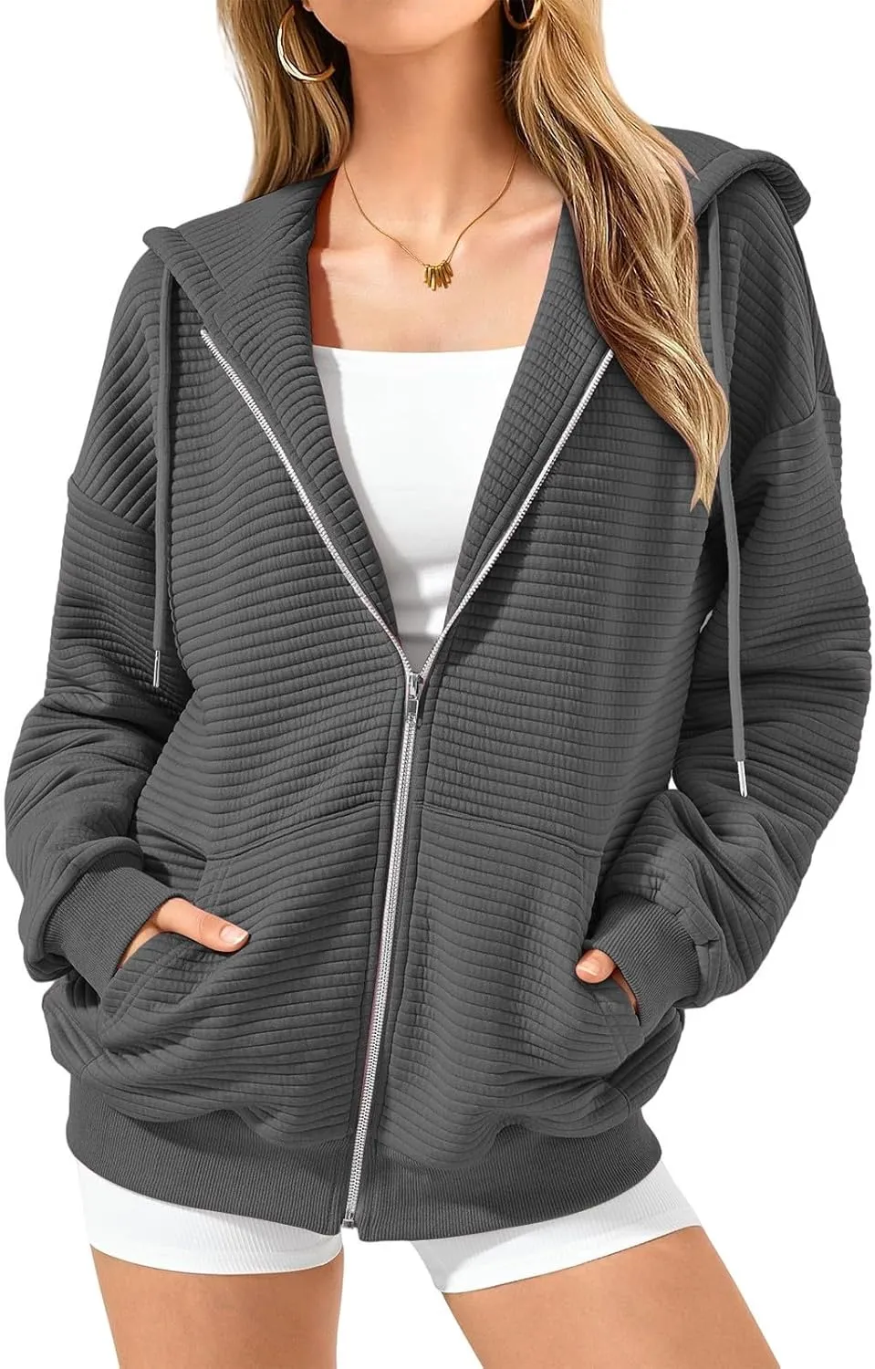 Womens Full Zip Up Hoodie Loose Fit Hooded Oversized Sweatshirt Casual Fall Long Sleeve Quilted Jackets with Pockets