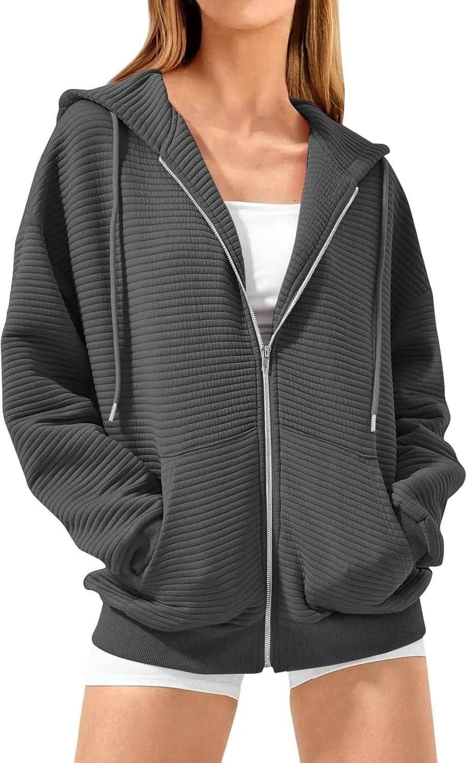 Womens Full Zip Up Hoodie Loose Fit Hooded Oversized Sweatshirt Casual Fall Long Sleeve Quilted Jackets with Pockets