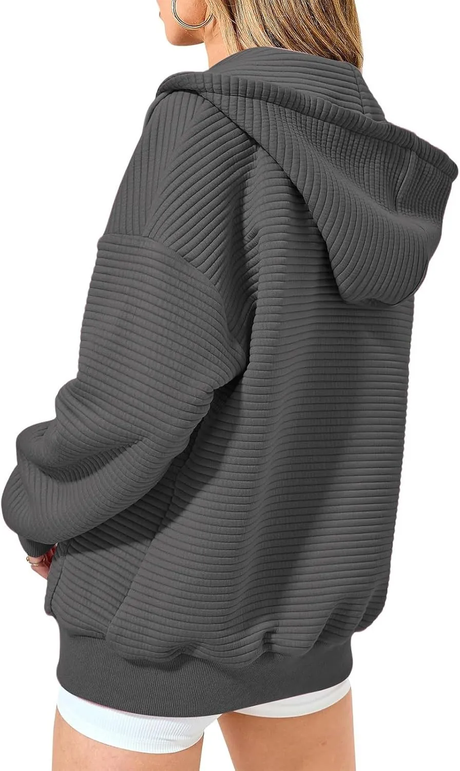Womens Full Zip Up Hoodie Loose Fit Hooded Oversized Sweatshirt Casual Fall Long Sleeve Quilted Jackets with Pockets