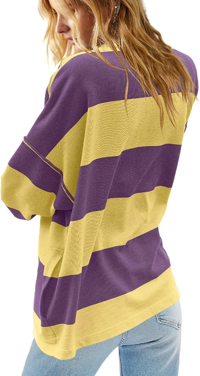 Womens Half Zip Striped Sweatshirt V Neck Oversized Hoodies Tops Casual Trendy Fall Outfits Loose Fit Preppy Clothes