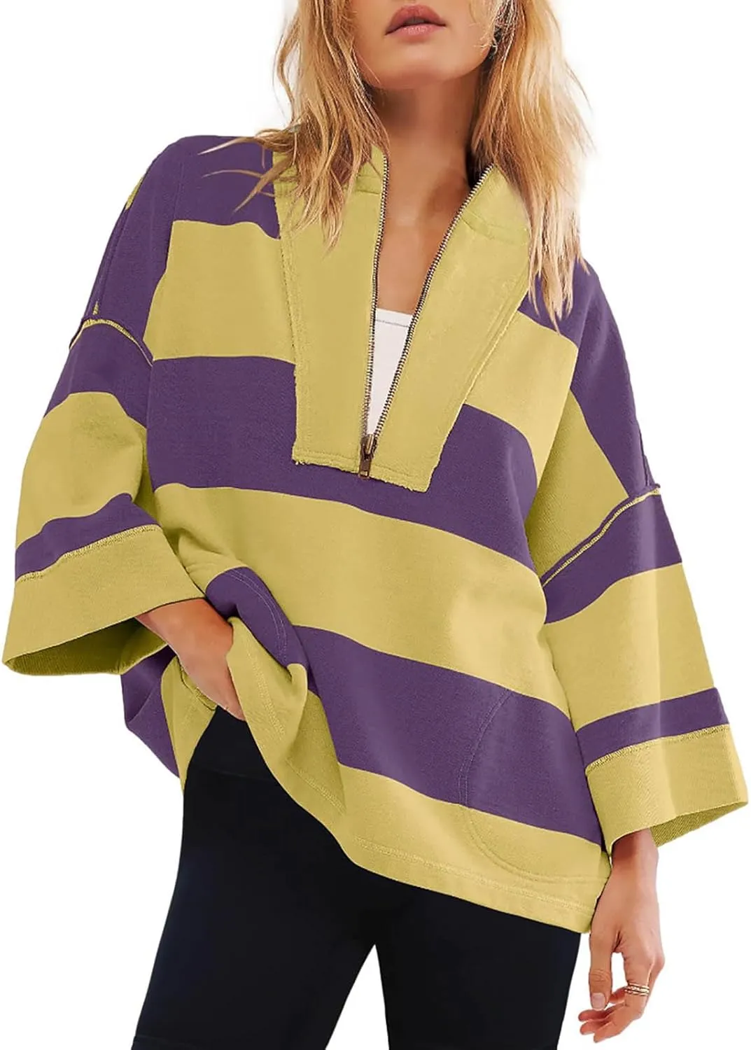 Womens Half Zip Striped Sweatshirt V Neck Oversized Hoodies Tops Casual Trendy Fall Outfits Loose Fit Preppy Clothes