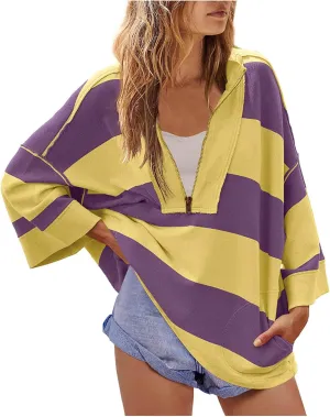 Womens Half Zip Striped Sweatshirt V Neck Oversized Hoodies Tops Casual Trendy Fall Outfits Loose Fit Preppy Clothes