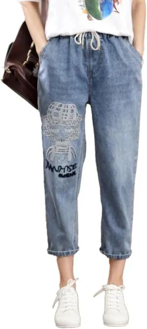 Womens High Waist Jeans Vintage Floral Embroidery Denim Pants Plus Size Drawstring Boyfriend Ripped Trousers