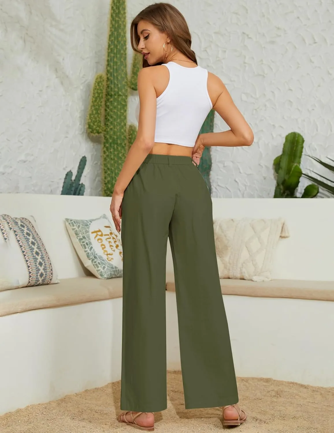 Women's High Waist Pants Wide Leg Baggy Casual Button Down Loose Comfy Lounge Trousers with Pockets