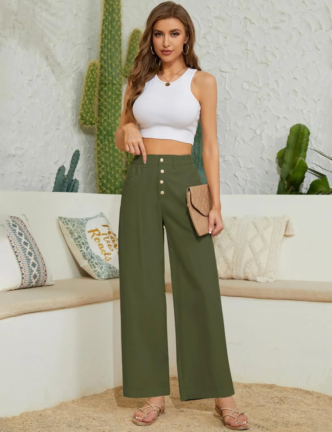 Women's High Waist Pants Wide Leg Baggy Casual Button Down Loose Comfy Lounge Trousers with Pockets