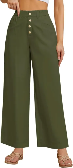 Women's High Waist Pants Wide Leg Baggy Casual Button Down Loose Comfy Lounge Trousers with Pockets