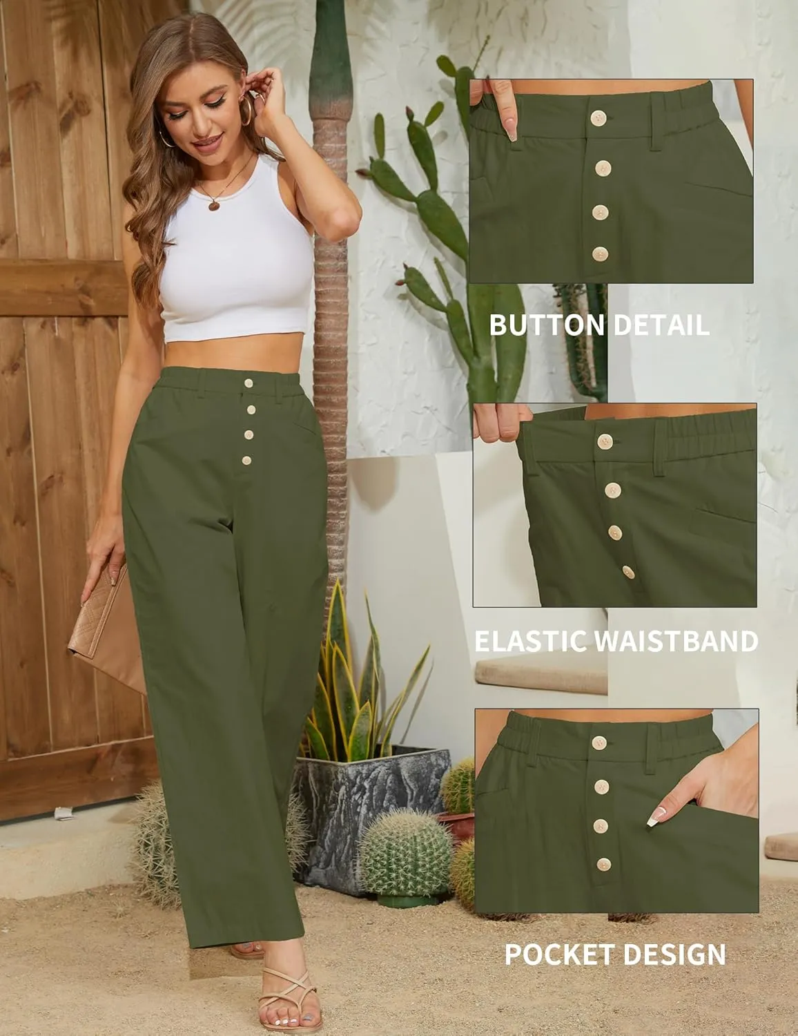 Women's High Waist Pants Wide Leg Baggy Casual Button Down Loose Comfy Lounge Trousers with Pockets