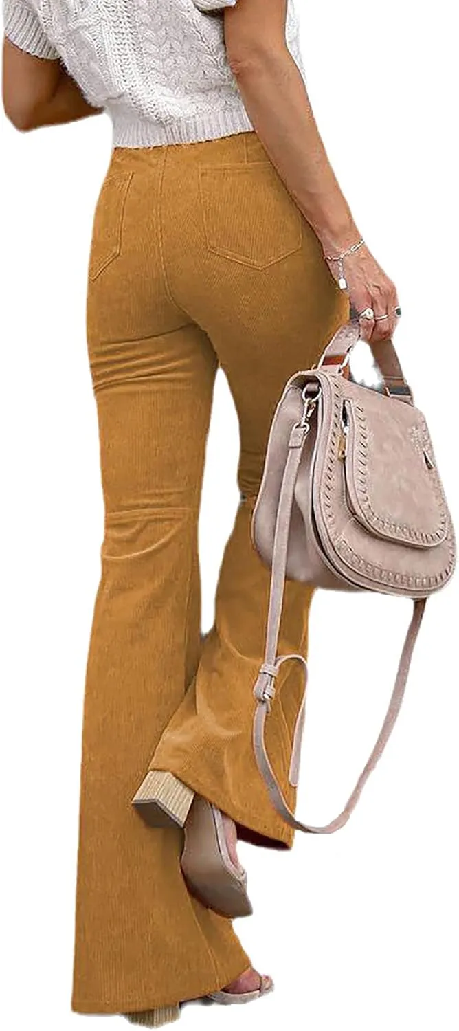Women's High Waist Stretchy Corduroy Flare Pants Solid Color Casual Bell Bottom Trousers