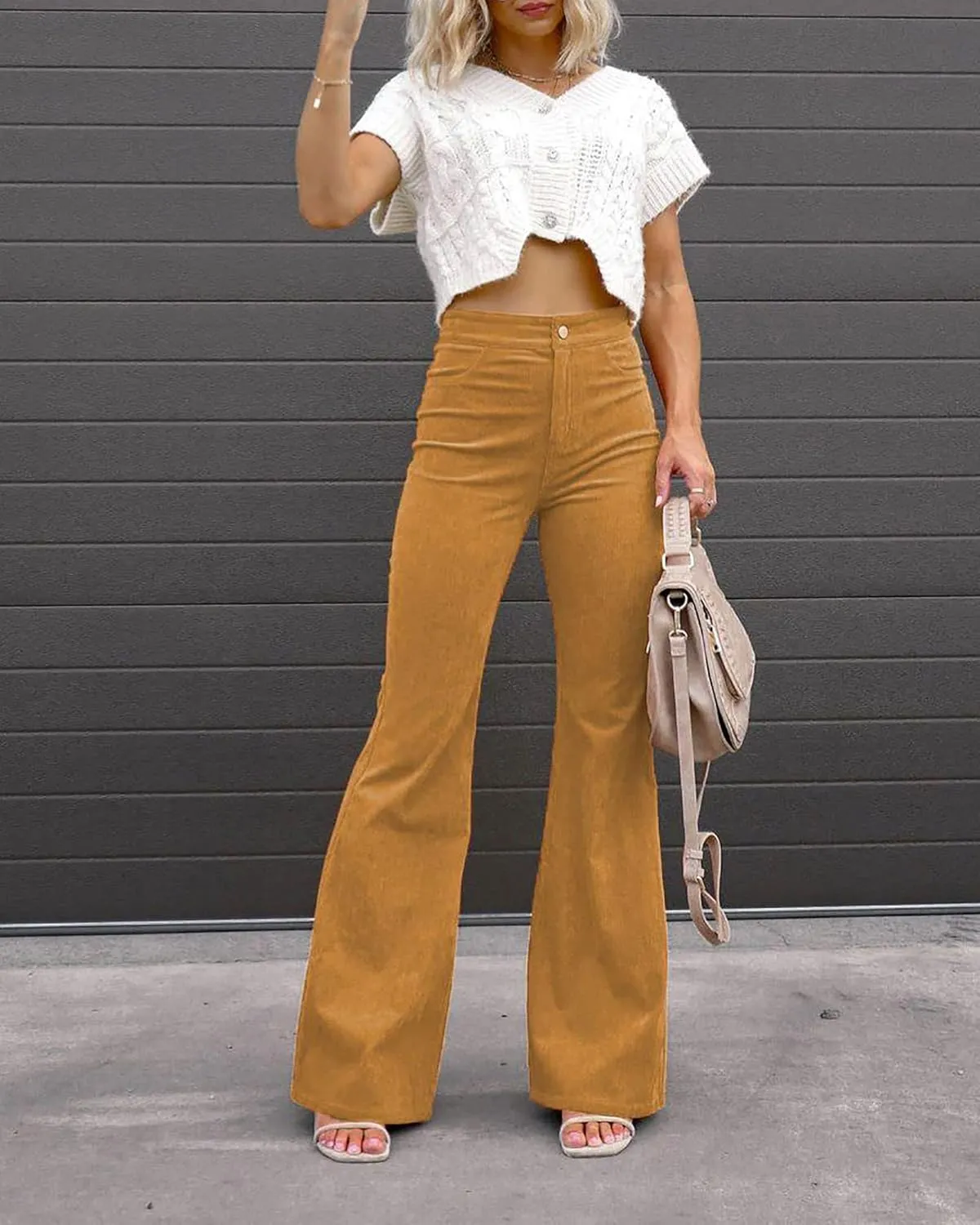 Women's High Waist Stretchy Corduroy Flare Pants Solid Color Casual Bell Bottom Trousers