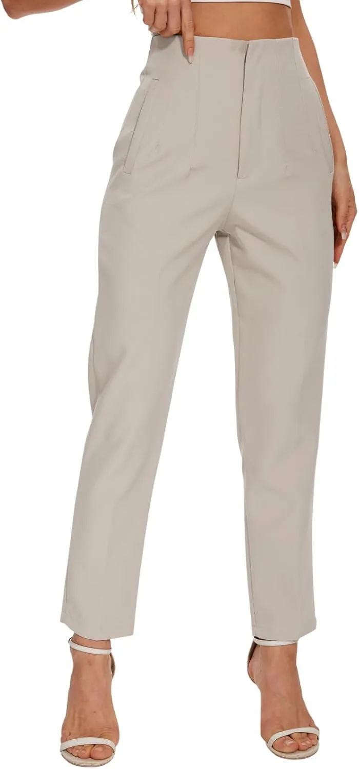 Women's High Waisted Pants - Straight Leg Dress Trousers with Pockets and Seam Design for Business Office Casual