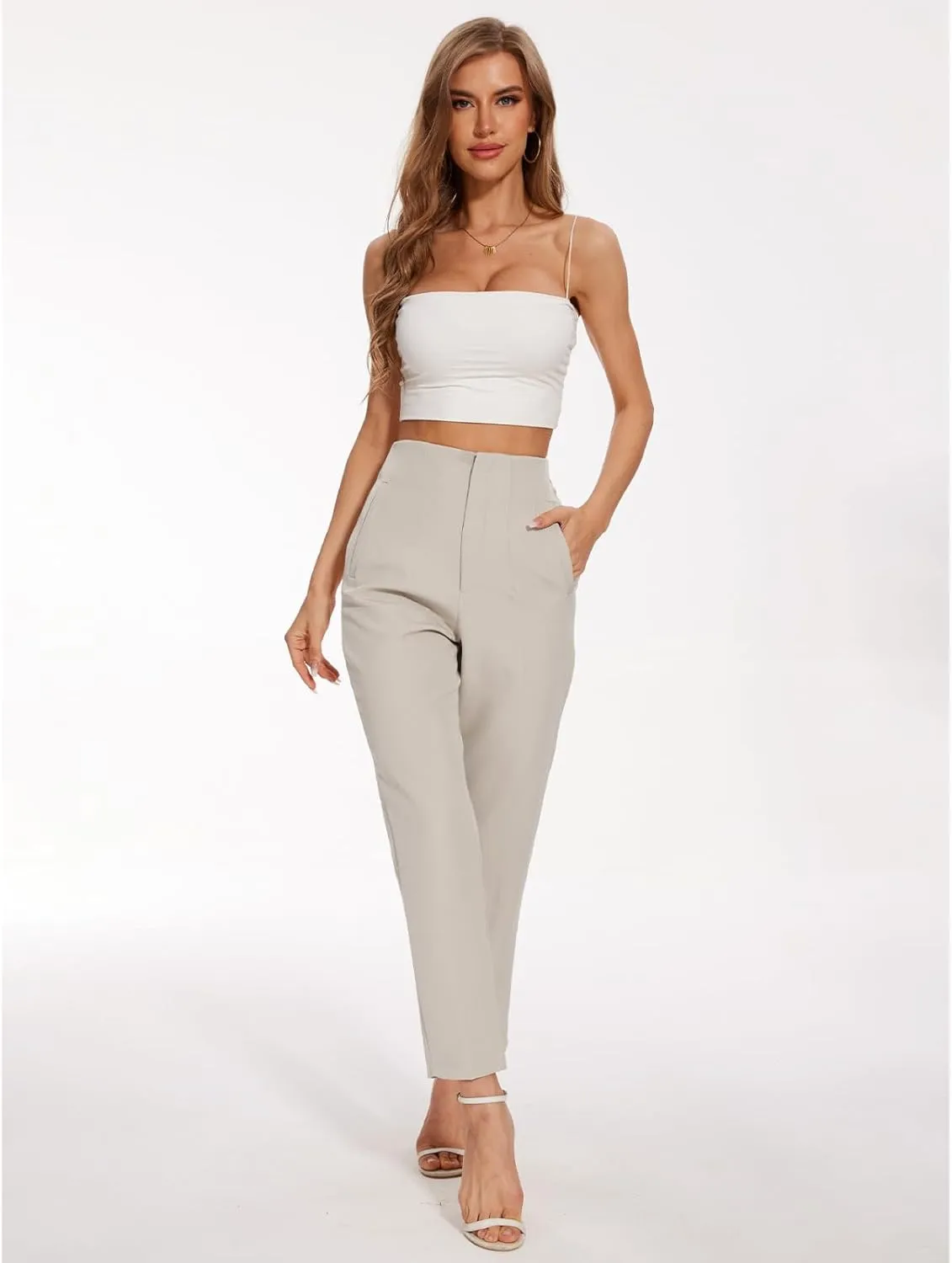 Women's High Waisted Pants - Straight Leg Dress Trousers with Pockets and Seam Design for Business Office Casual