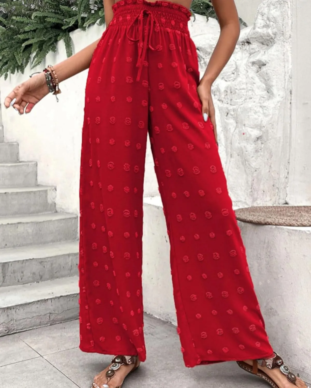 Women's Jacquard Wide Leg Pants with Pockets 2025 Spring Elegant High Waist Adjustable Knot Casual Loose Trousers