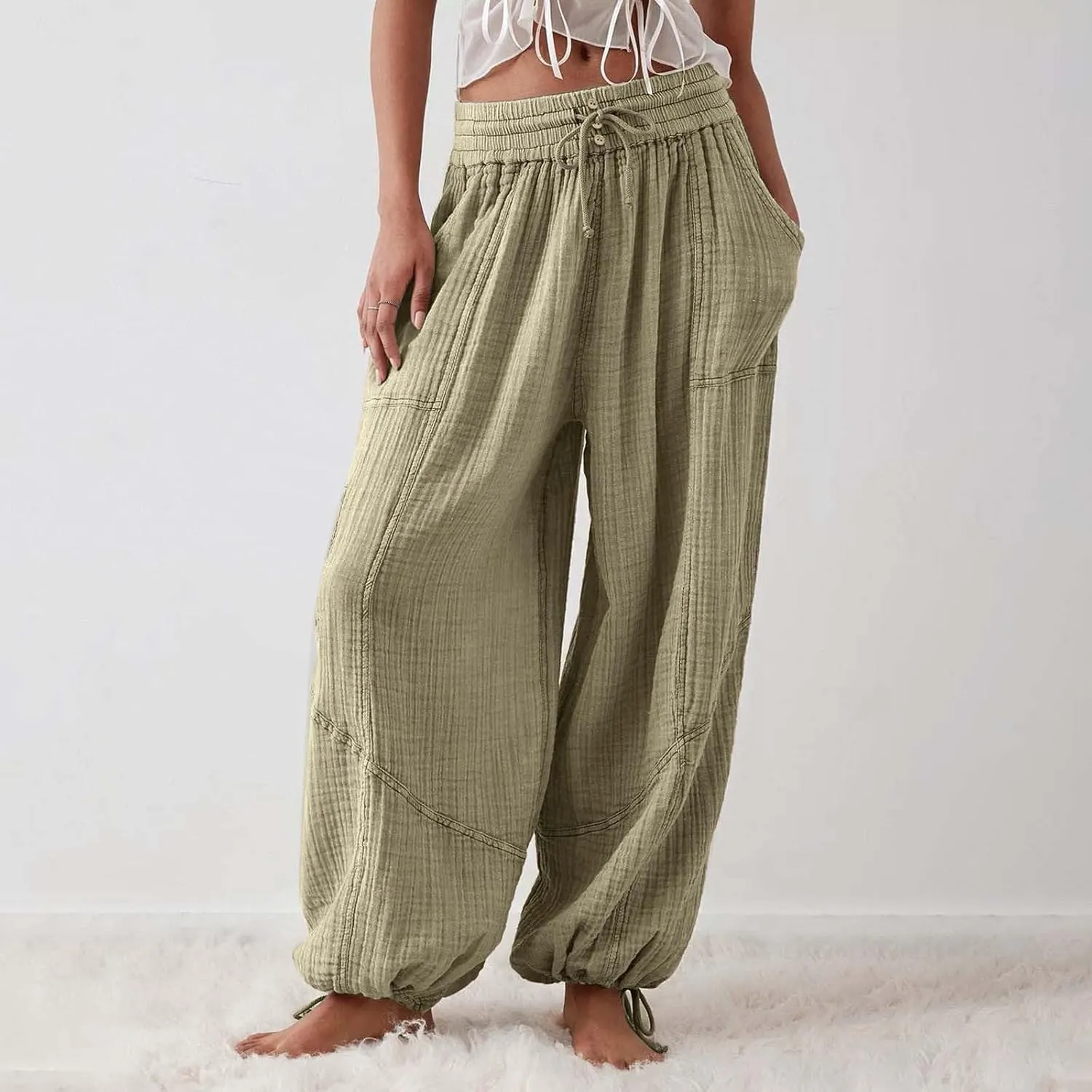 Women's Lightweight Oversized Baggy Pants Trendy High Waist Breathable Pleated Trouser Beach Playing Casual Sweatpant