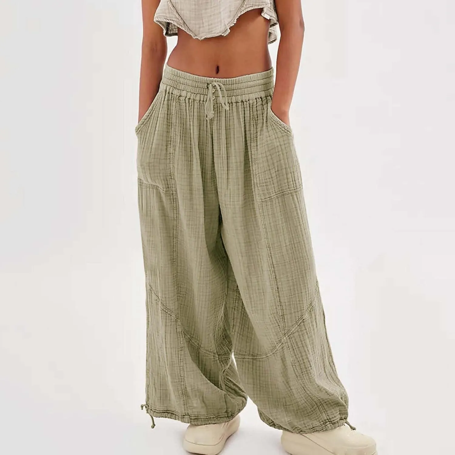 Women's Lightweight Oversized Baggy Pants Trendy High Waist Breathable Pleated Trouser Beach Playing Casual Sweatpant
