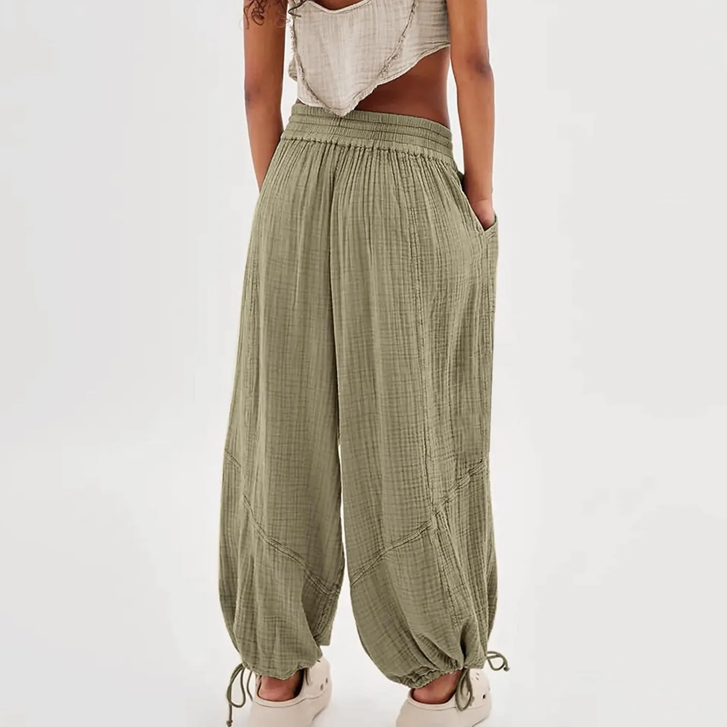 Women's Lightweight Oversized Baggy Pants Trendy High Waist Breathable Pleated Trouser Beach Playing Casual Sweatpant