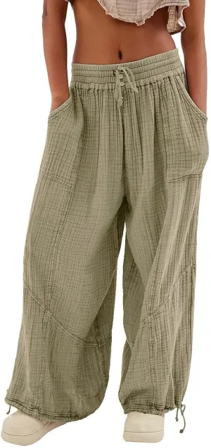 Women's Lightweight Oversized Baggy Pants Trendy High Waist Breathable Pleated Trouser Beach Playing Casual Sweatpant