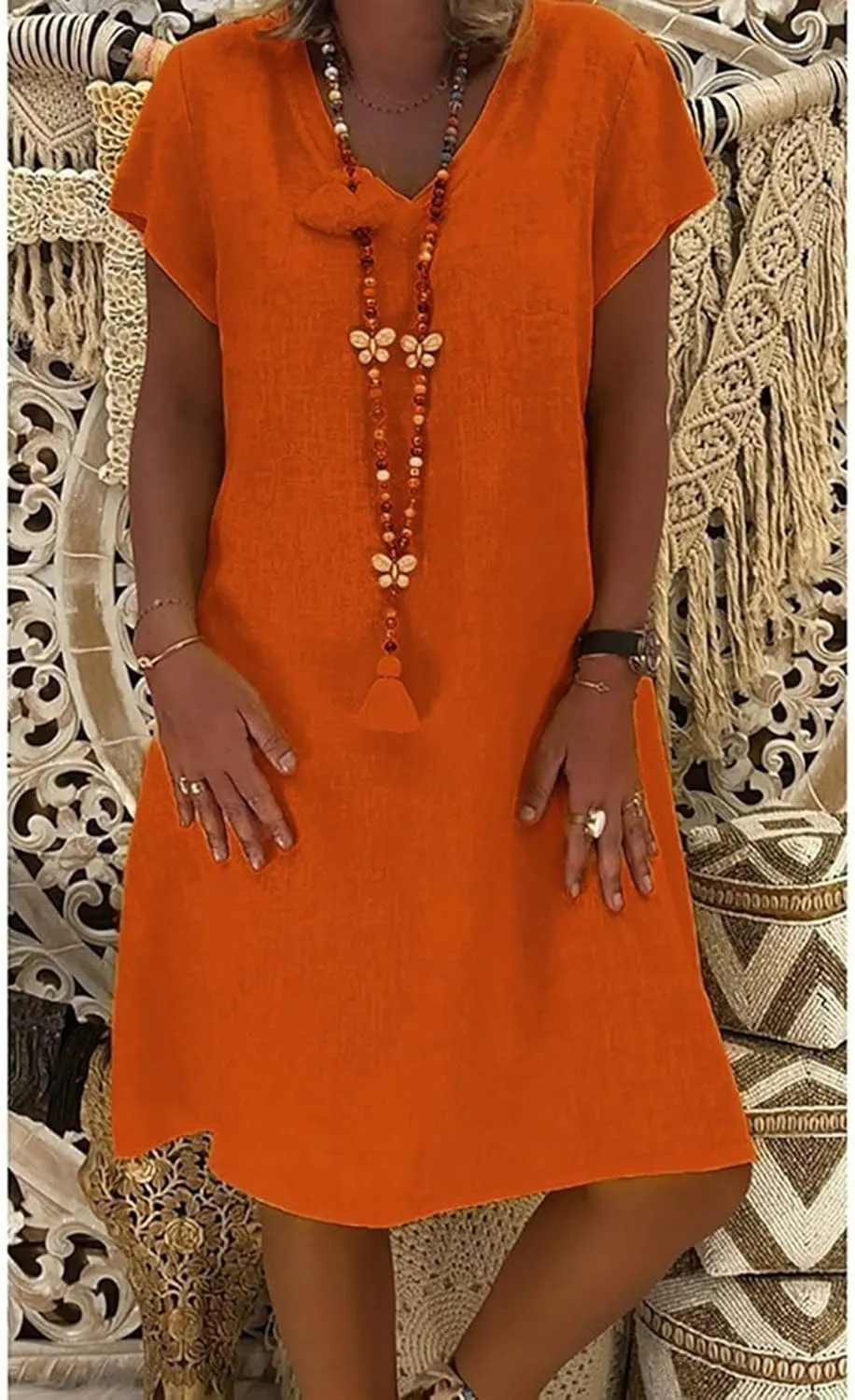 Womens Linen Short Sleeve Midi Dress V Neck Baggy Plus Size Summer Casual Flowy Loose Fit Vacation Long Dress