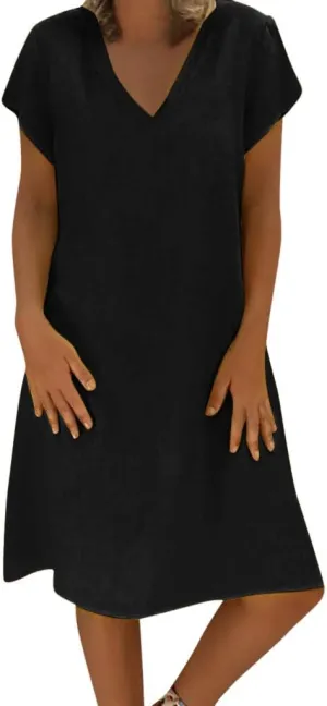 Womens Linen Short Sleeve Midi Dress V Neck Baggy Plus Size Summer Casual Flowy Loose Fit Vacation Long Dress