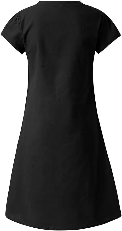 Womens Linen Short Sleeve Midi Dress V Neck Baggy Plus Size Summer Casual Flowy Loose Fit Vacation Long Dress