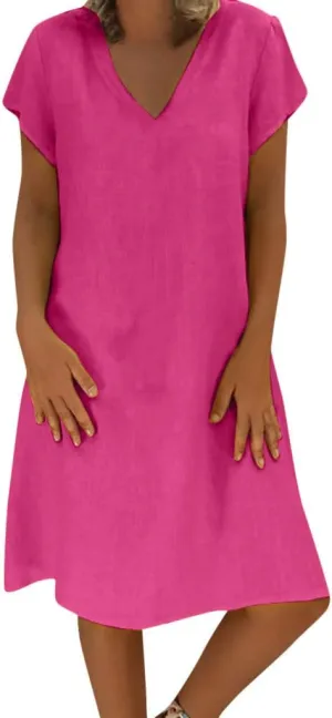 Womens Linen Short Sleeve Midi Dress V Neck Baggy Plus Size Summer Casual Flowy Loose Fit Vacation Long Dress