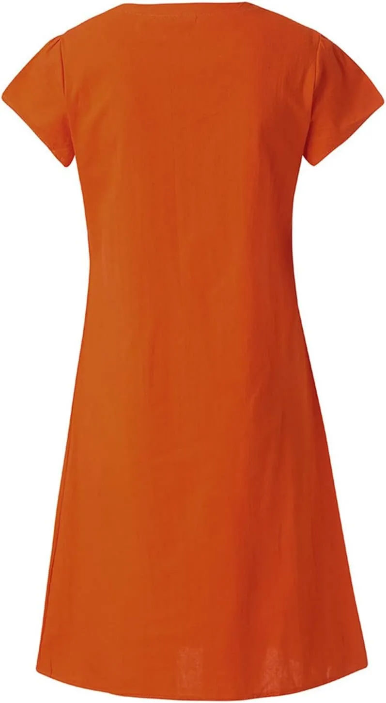 Womens Linen Short Sleeve Midi Dress V Neck Baggy Plus Size Summer Casual Flowy Loose Fit Vacation Long Dress