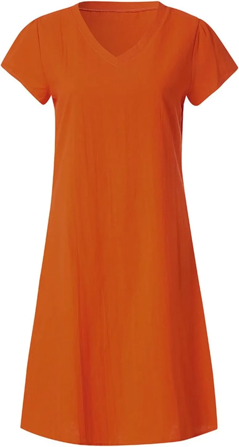 Womens Linen Short Sleeve Midi Dress V Neck Baggy Plus Size Summer Casual Flowy Loose Fit Vacation Long Dress