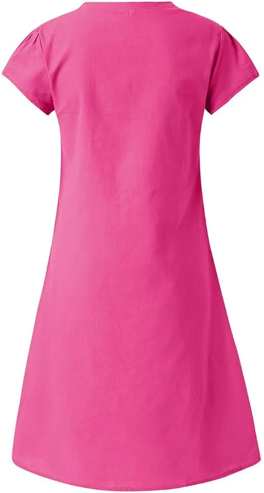 Womens Linen Short Sleeve Midi Dress V Neck Baggy Plus Size Summer Casual Flowy Loose Fit Vacation Long Dress