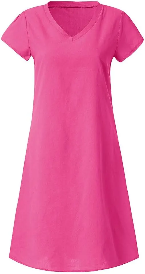 Womens Linen Short Sleeve Midi Dress V Neck Baggy Plus Size Summer Casual Flowy Loose Fit Vacation Long Dress